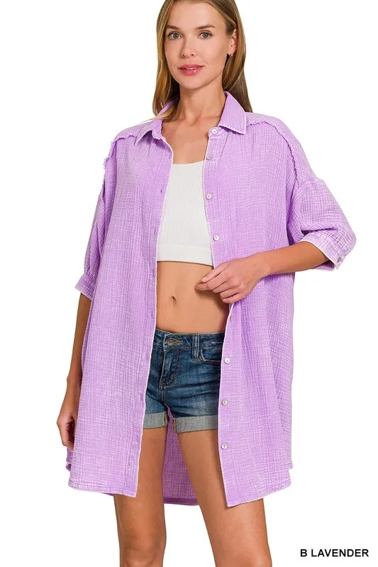 Zenana Washed Double Gauze Button Down Shirt Dress - Image 6