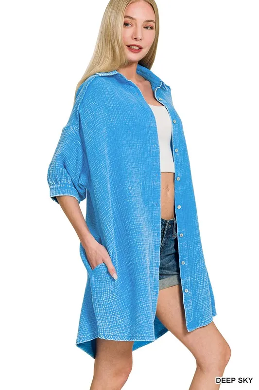 Zenana Washed Double Gauze Button Down Shirt Dress - Image 2