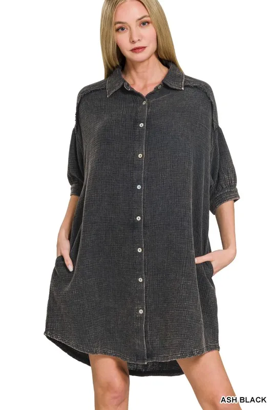Zenana Washed Double Gauze Button Down Shirt Dress - Image 4