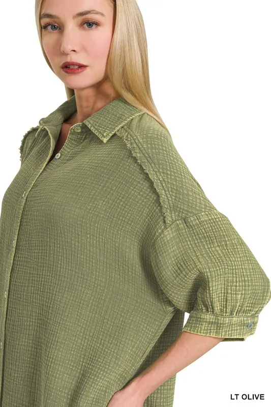 Zenana Washed Double Gauze Button Down Shirt Dress - Image 2