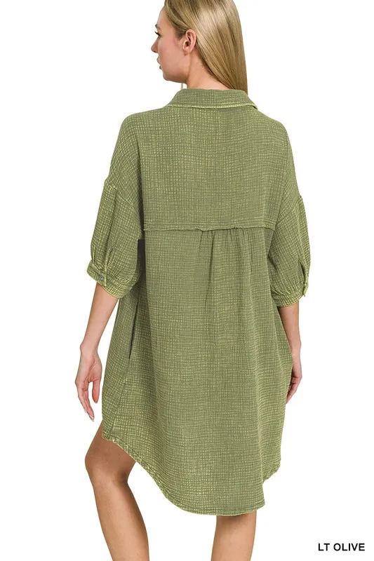 Zenana Washed Double Gauze Button Down Shirt Dress - Image 3