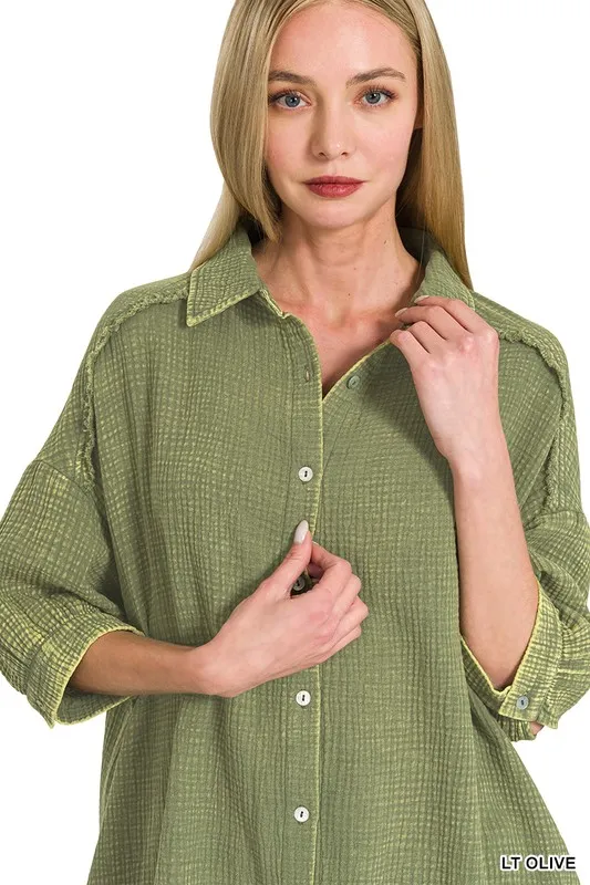 Zenana Washed Double Gauze Button Down Shirt Dress - Image 6