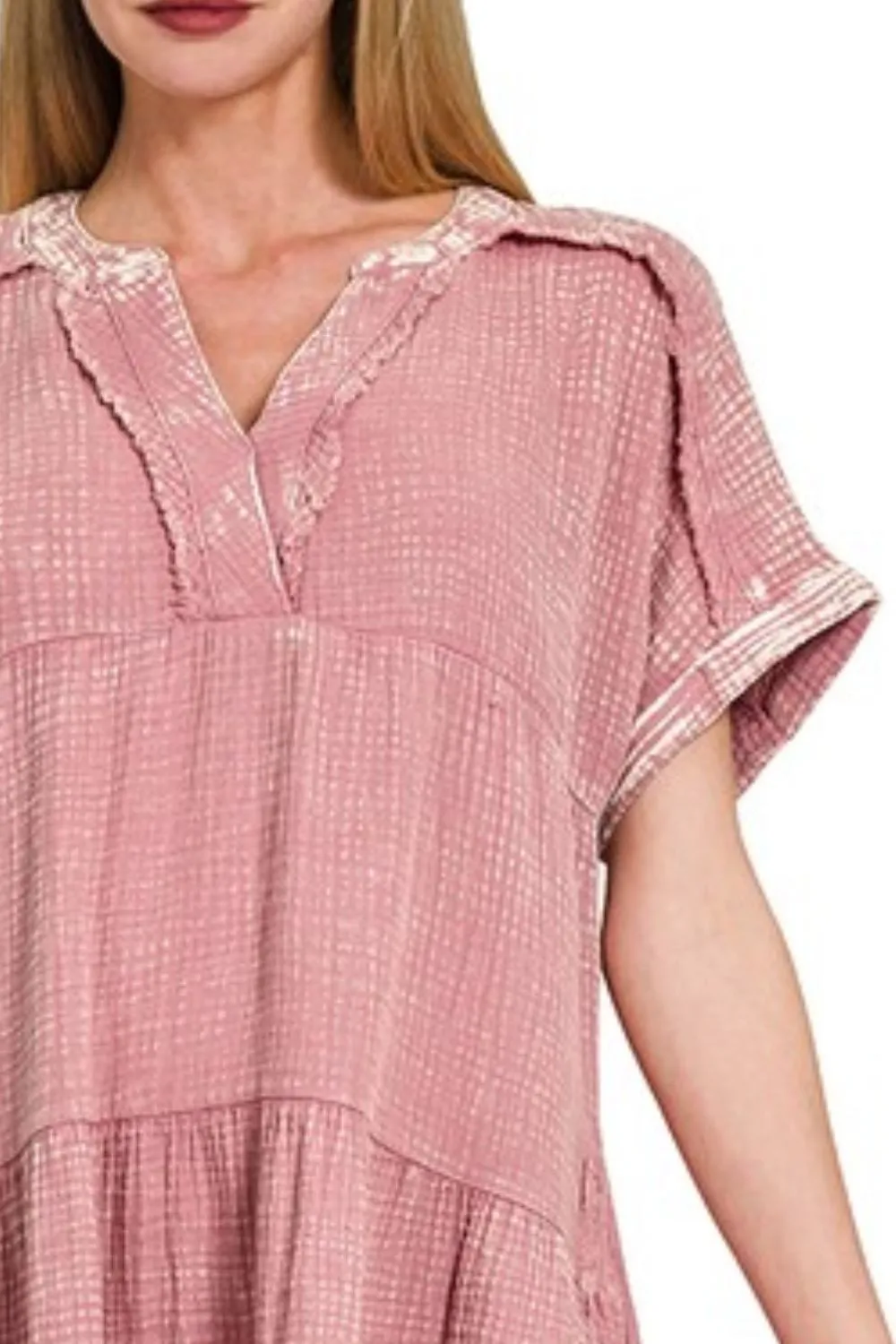 Zenana Washed Double Gauze Raw Edge V-Neck Dress - Image 2