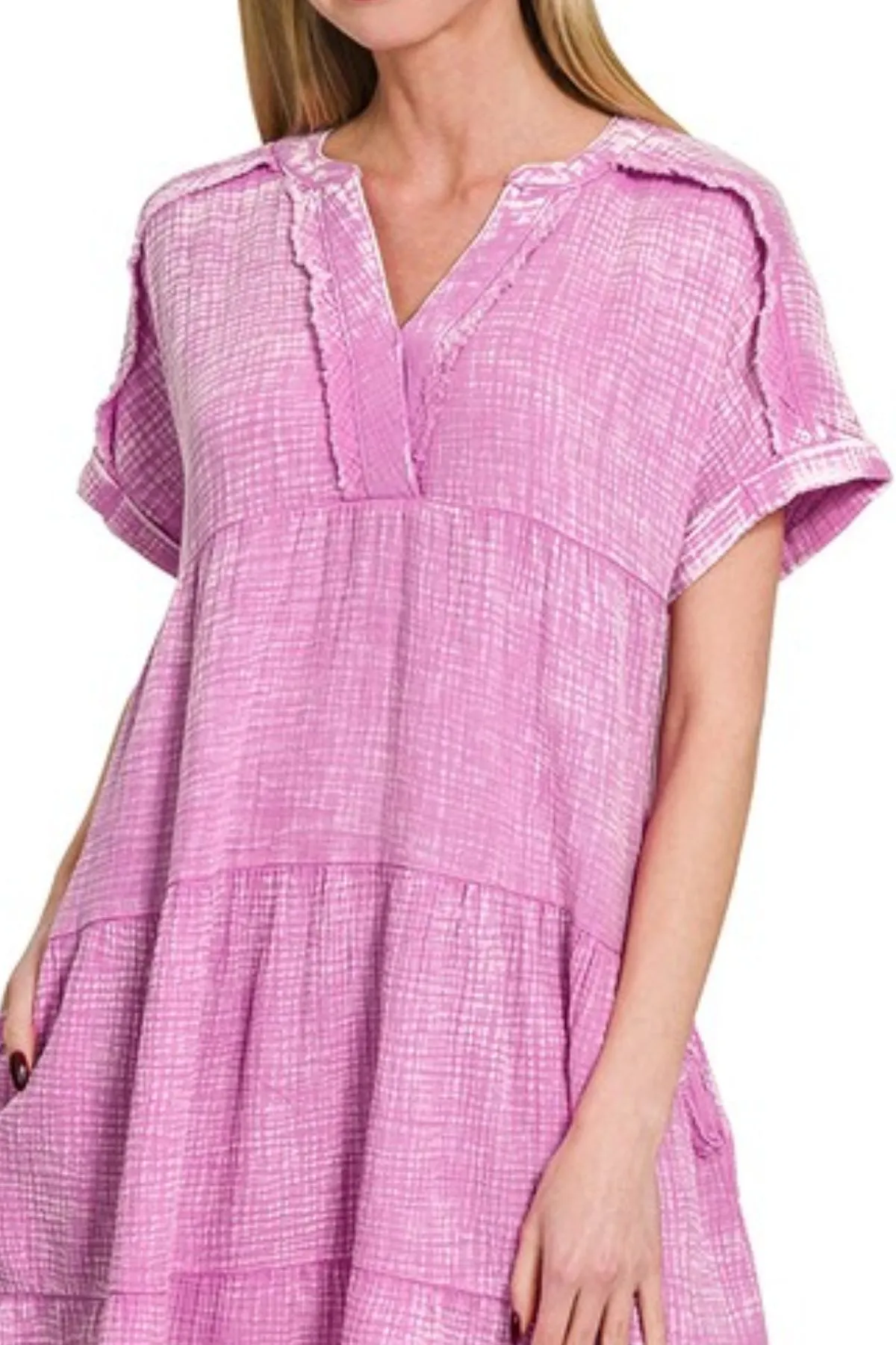Zenana Washed Double Gauze Raw Edge V-neck Dress - Image 2
