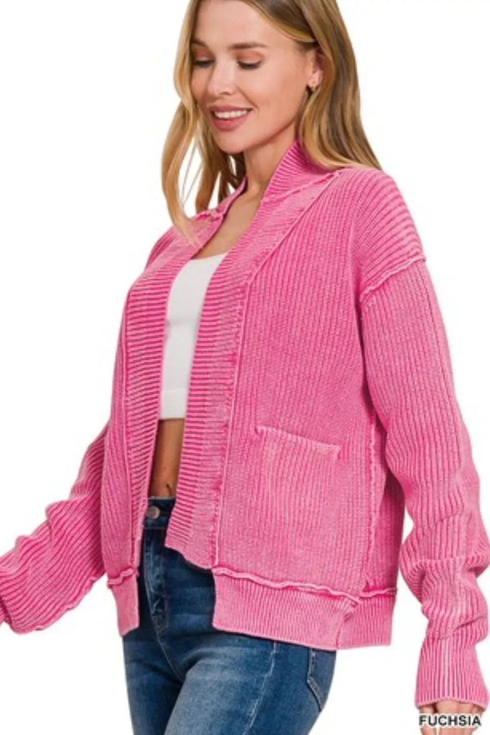 Zenana Washed Dropped Shoulder Cardigan with Side Pockets - Image 3