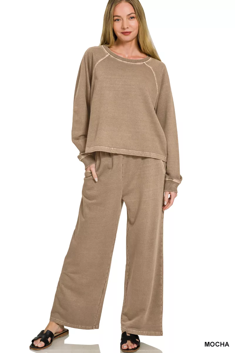 Zenana Washed F/terry Round Neck Pullover & Pants Set - Image 2
