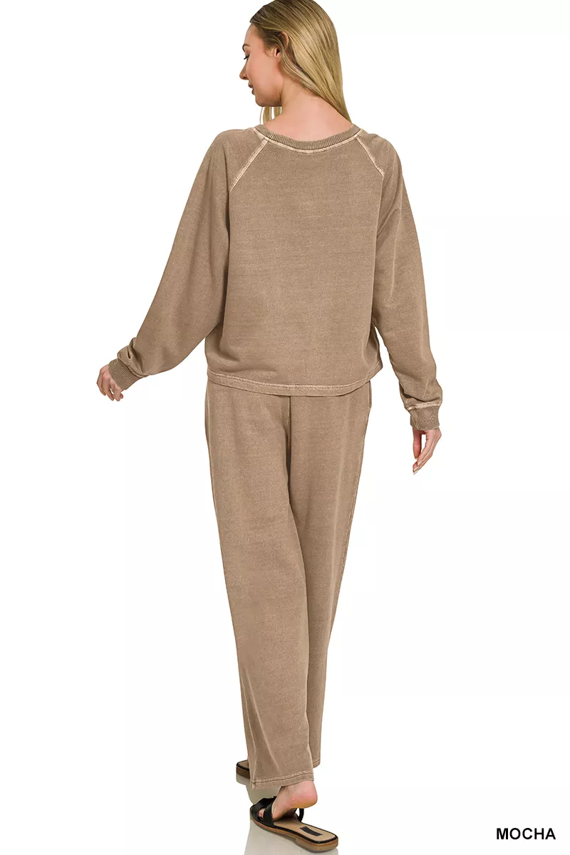 Zenana Washed F/terry Round Neck Pullover & Pants Set - Image 4