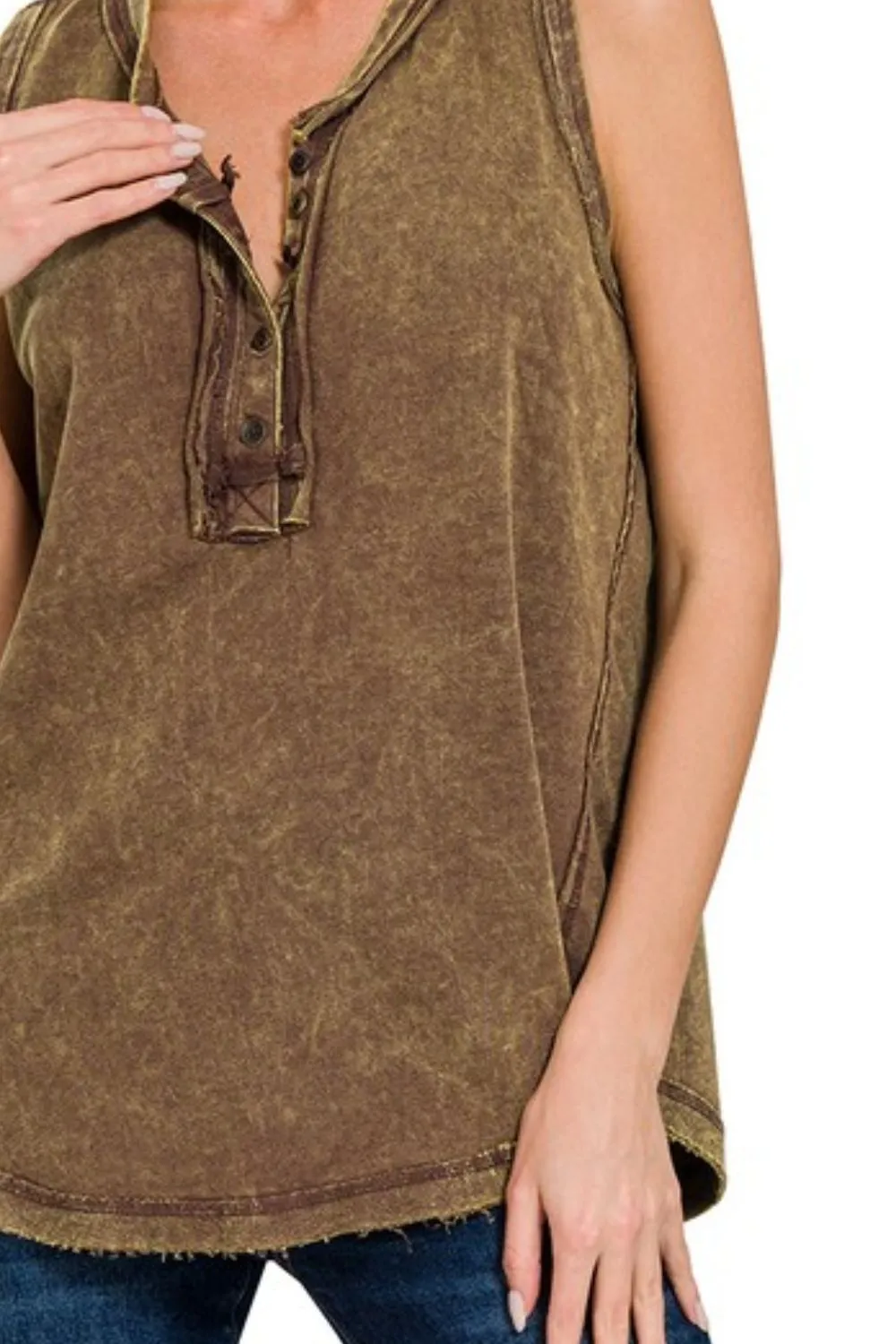 Zenana Washed Half-Button Raw Edge Sleeveless Henley Top - Image 3