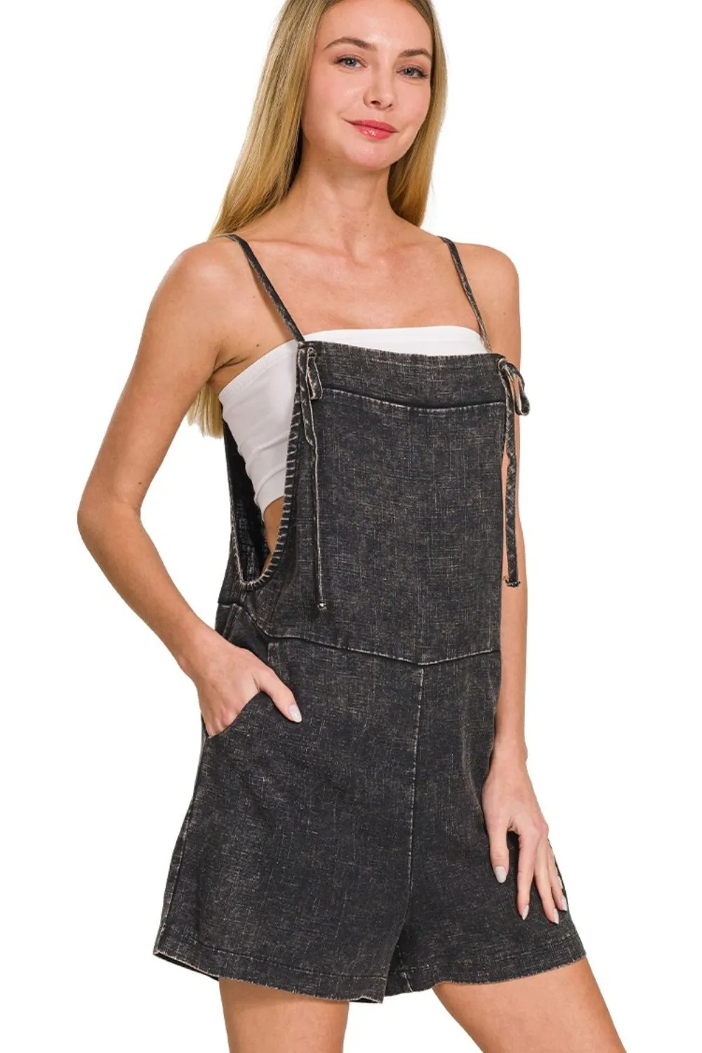 Zenana Washed Linen Knot Strap Rompers - Image 2