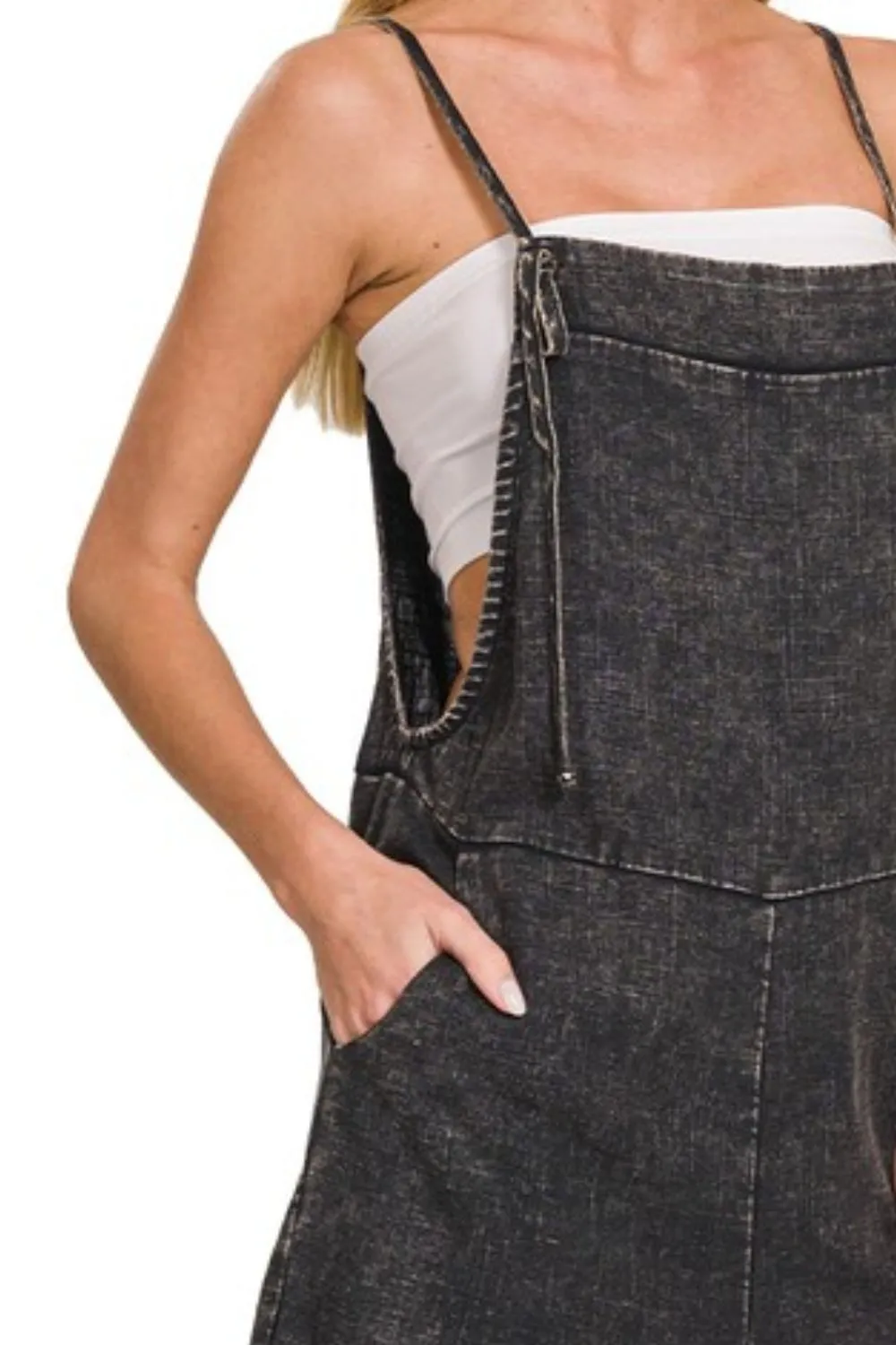 Zenana Washed Linen Knot Strap Rompers - Image 3