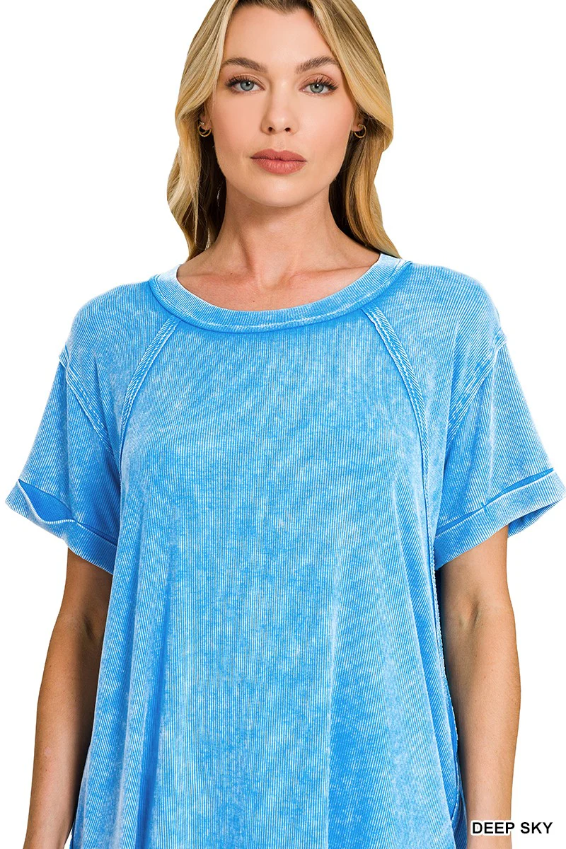 Zenana Washed Ribbed Cuffed Short Sleeve Round Neck Top - Image 7
