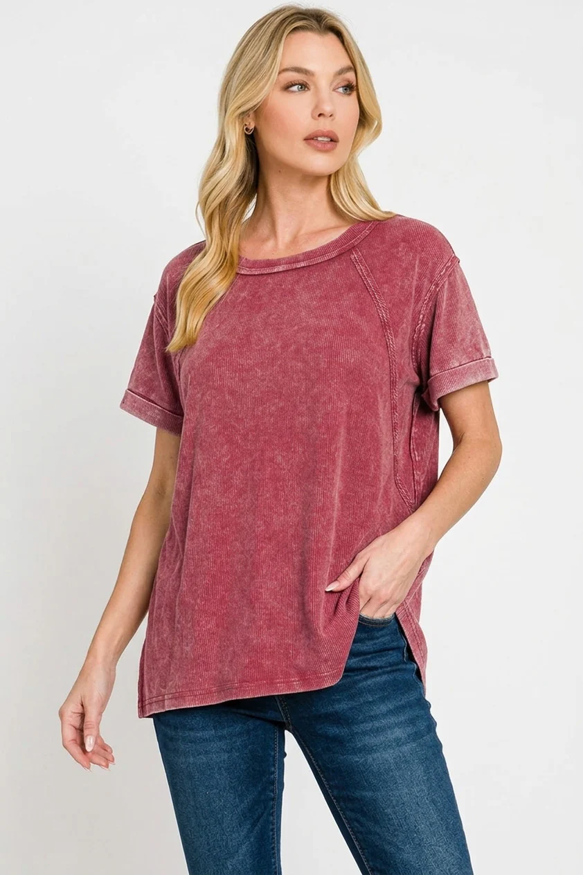 Zenana Washed Ribbed Cuffed Short Sleeve Round Neck Top - Image 3