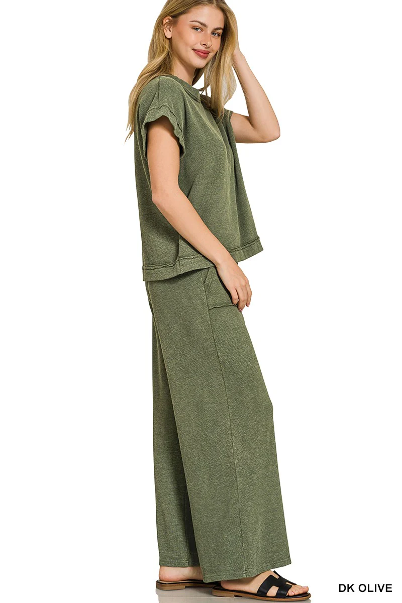 Zenana Washed Slub Short Sleeve Tee & Long Pants Set - Image 2