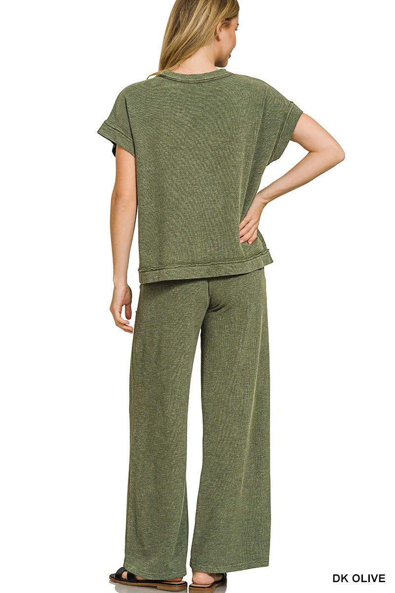 Zenana Washed Slub Short Sleeve Tee & Long Pants Set - Image 3