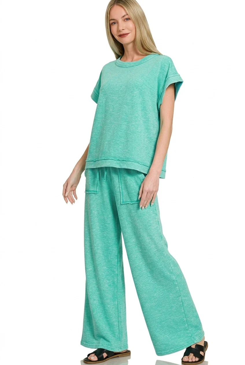 Zenana Washed Slub Short Sleeve Tee & Long Pants Set - Image 3