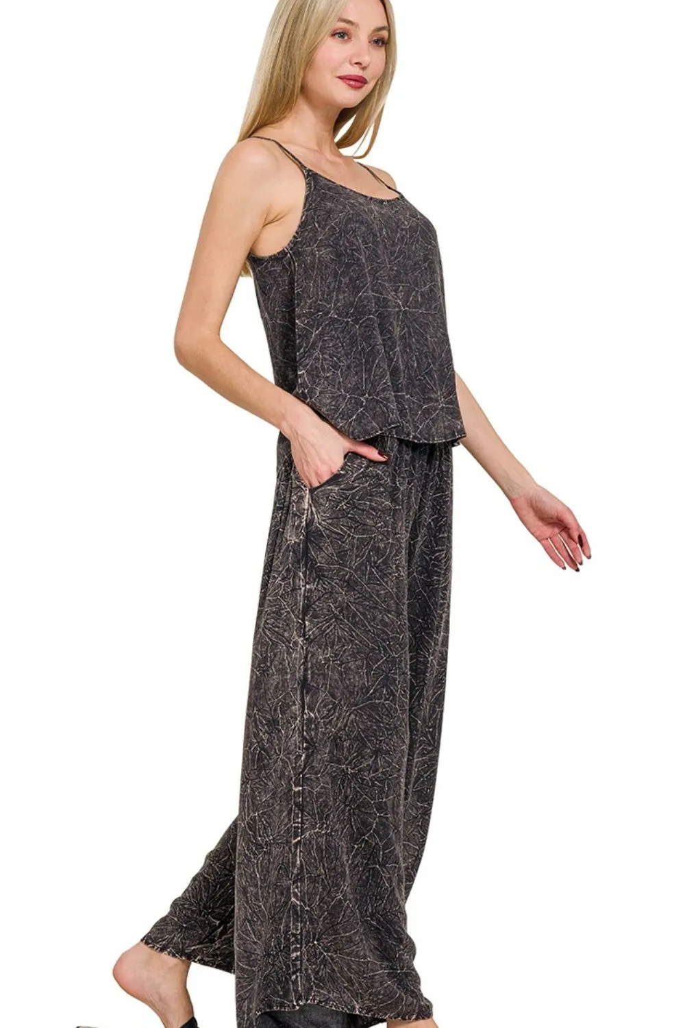 Zenana Woven Acid Crinkle Washed Cami & Pants 2 Piece Set - Image 2
