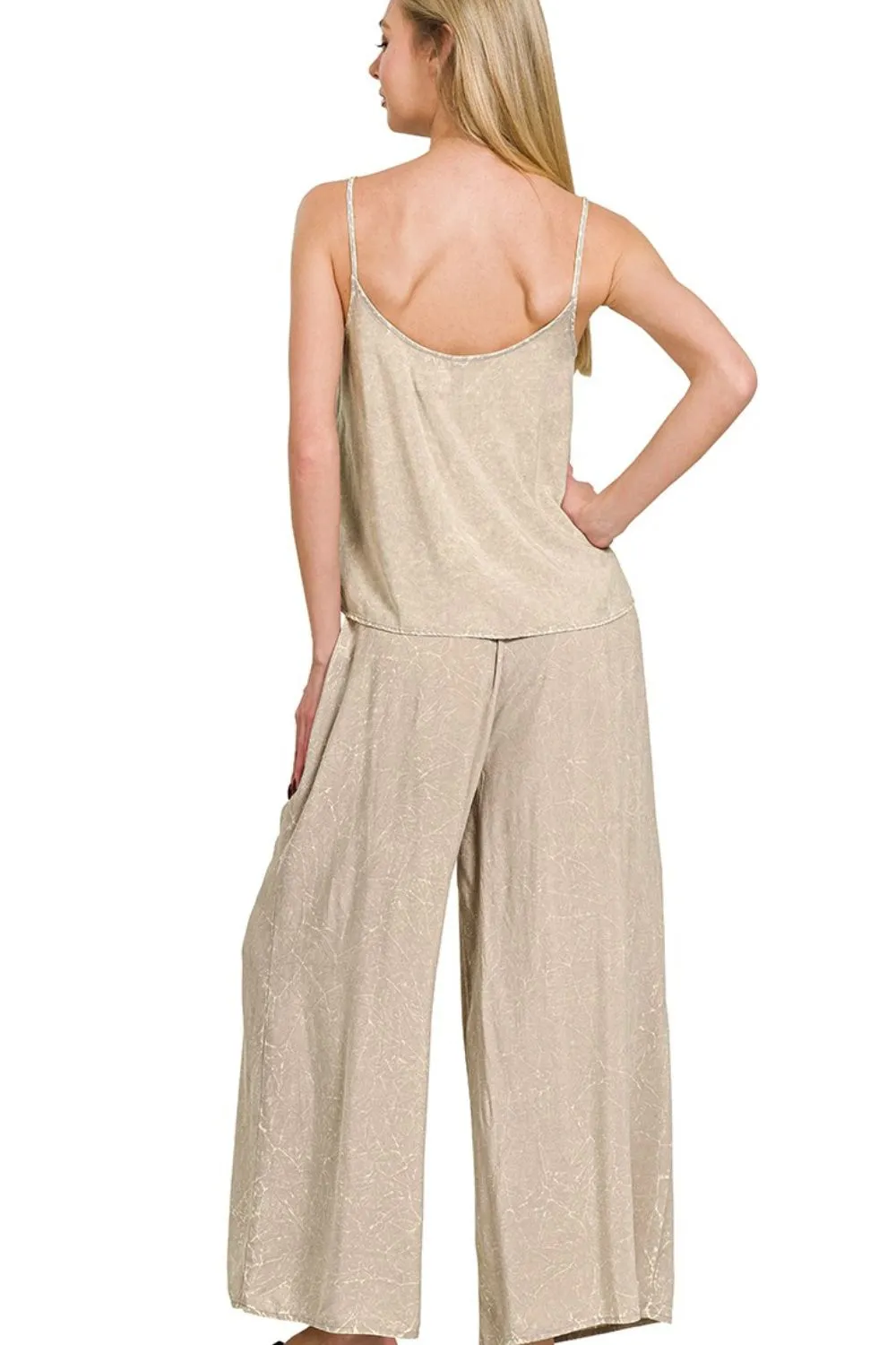 Zenana Woven Acid Crinkle Washed Cami & Pants 2 Piece Set - Image 3