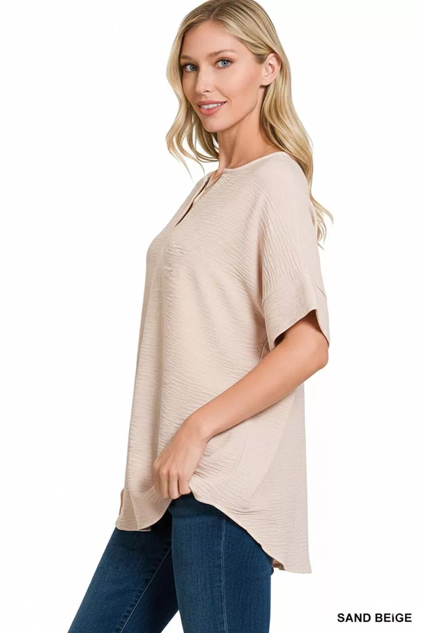 Zenana Woven Airflow Split Neck Short Sleeve Top - Image 3