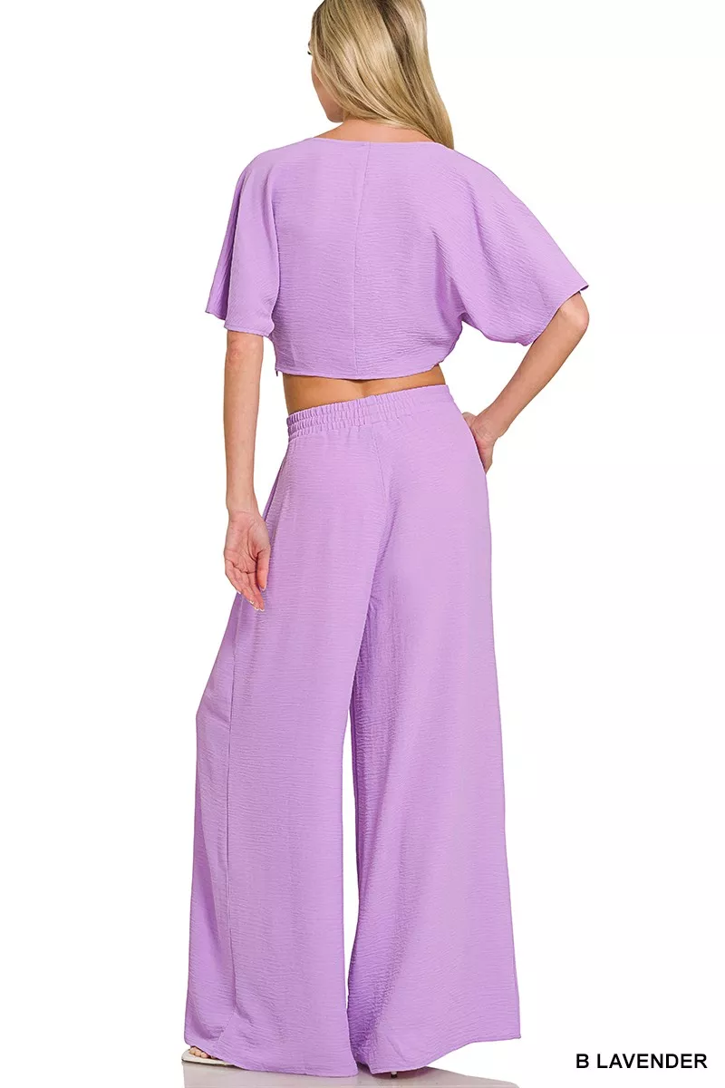 Zenana Woven Airflow Twisted Top & Wide Leg Pants Set - Image 2