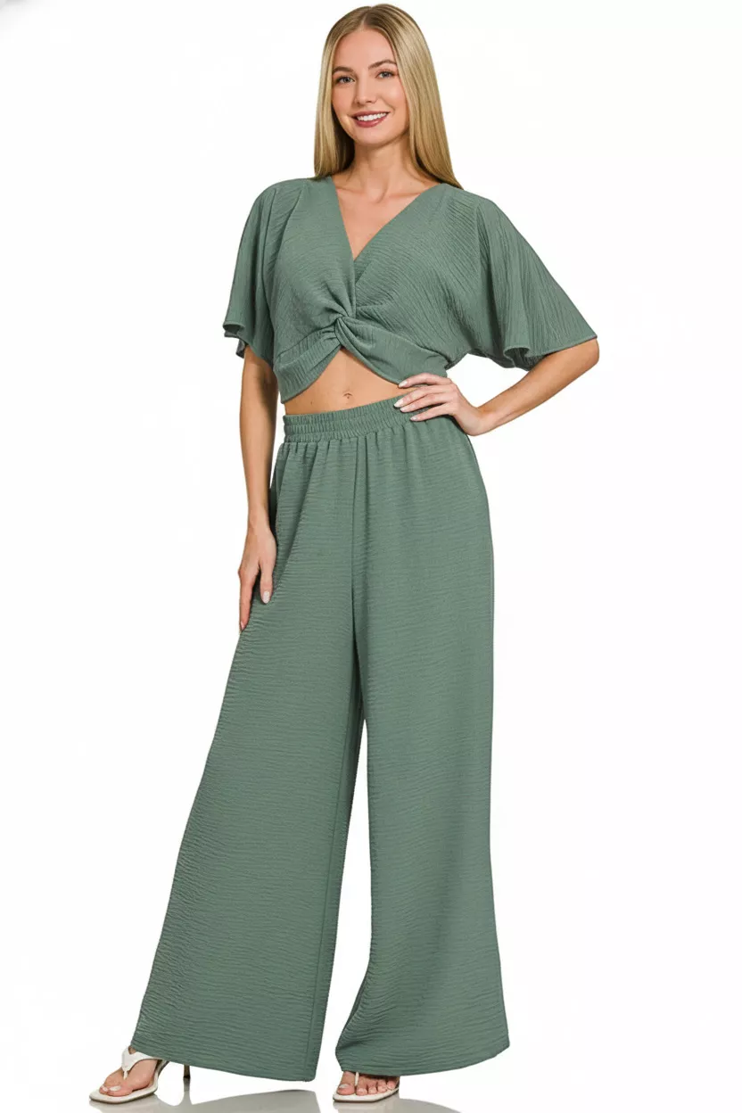 Zenana Woven Airflow Twisted Top & Wide Leg Pants Set - Image 2