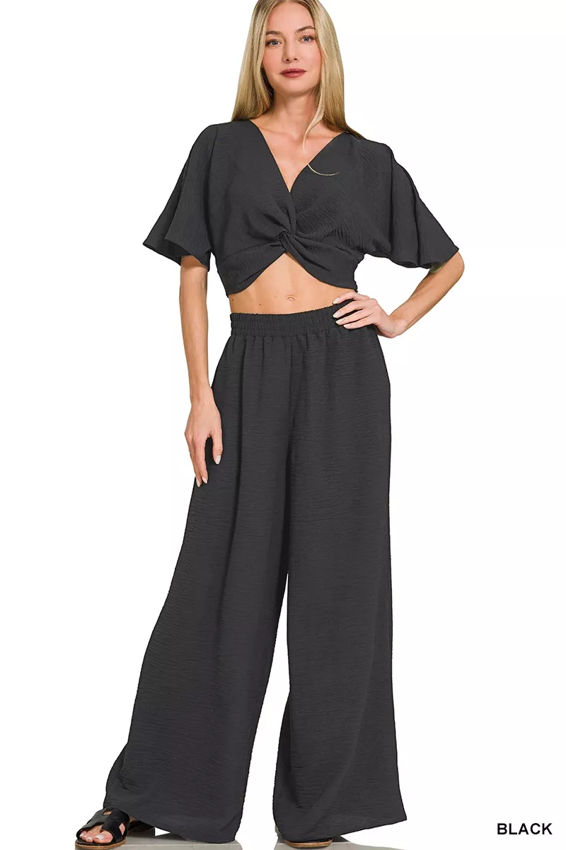 Zenana Woven Airflow Twisted Top & Wide Leg Pants Set
