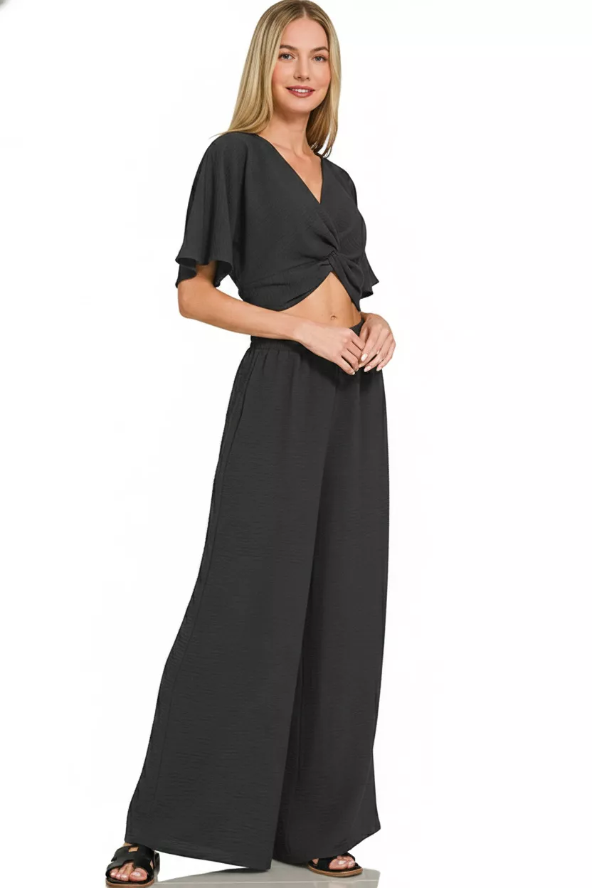 Zenana Woven Airflow Twisted Top & Wide Leg Pants Set - Image 2