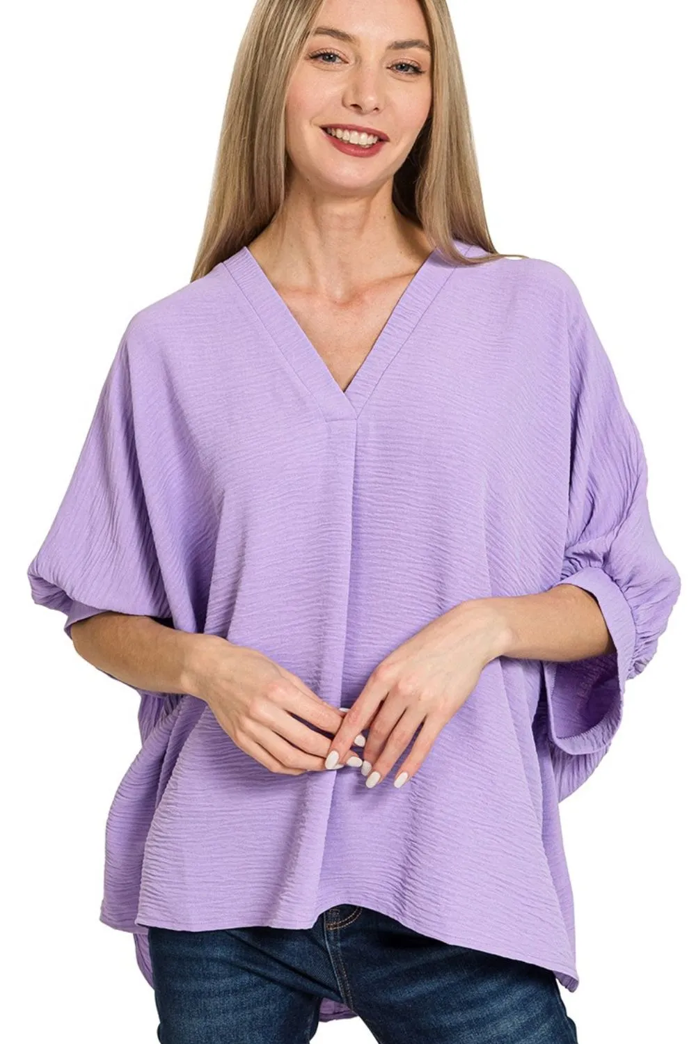 Zenana Woven Airflow V-neck Puff Half Sleeve Top - Image 2