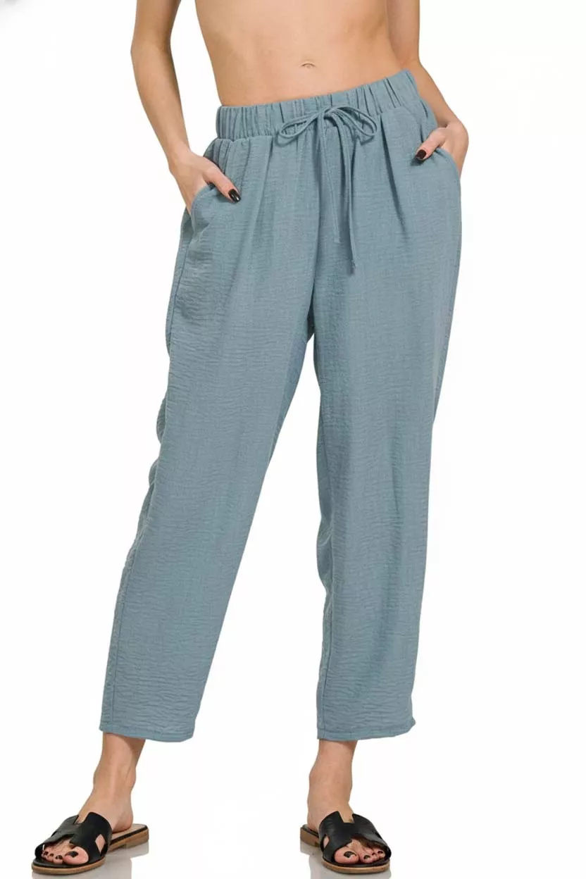 Zenana Woven Crepe Elastic Band Waist Pants - Image 3