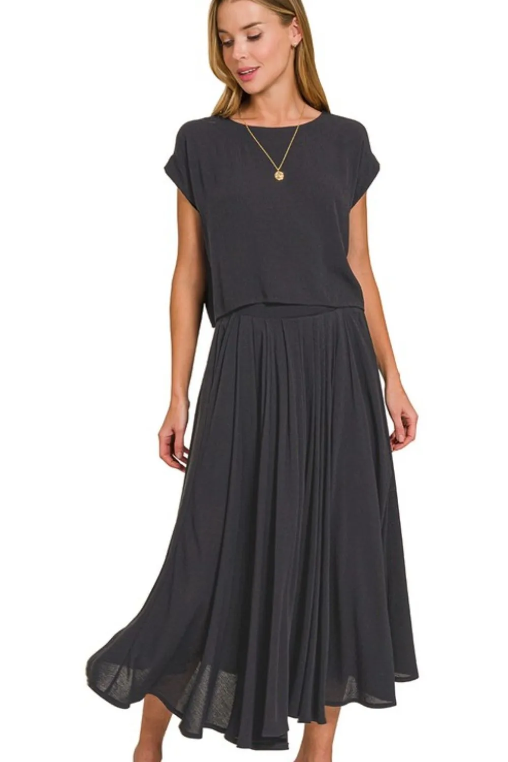 Zenana Woven Crinkle Gauze Crop Tee and Skirt Set