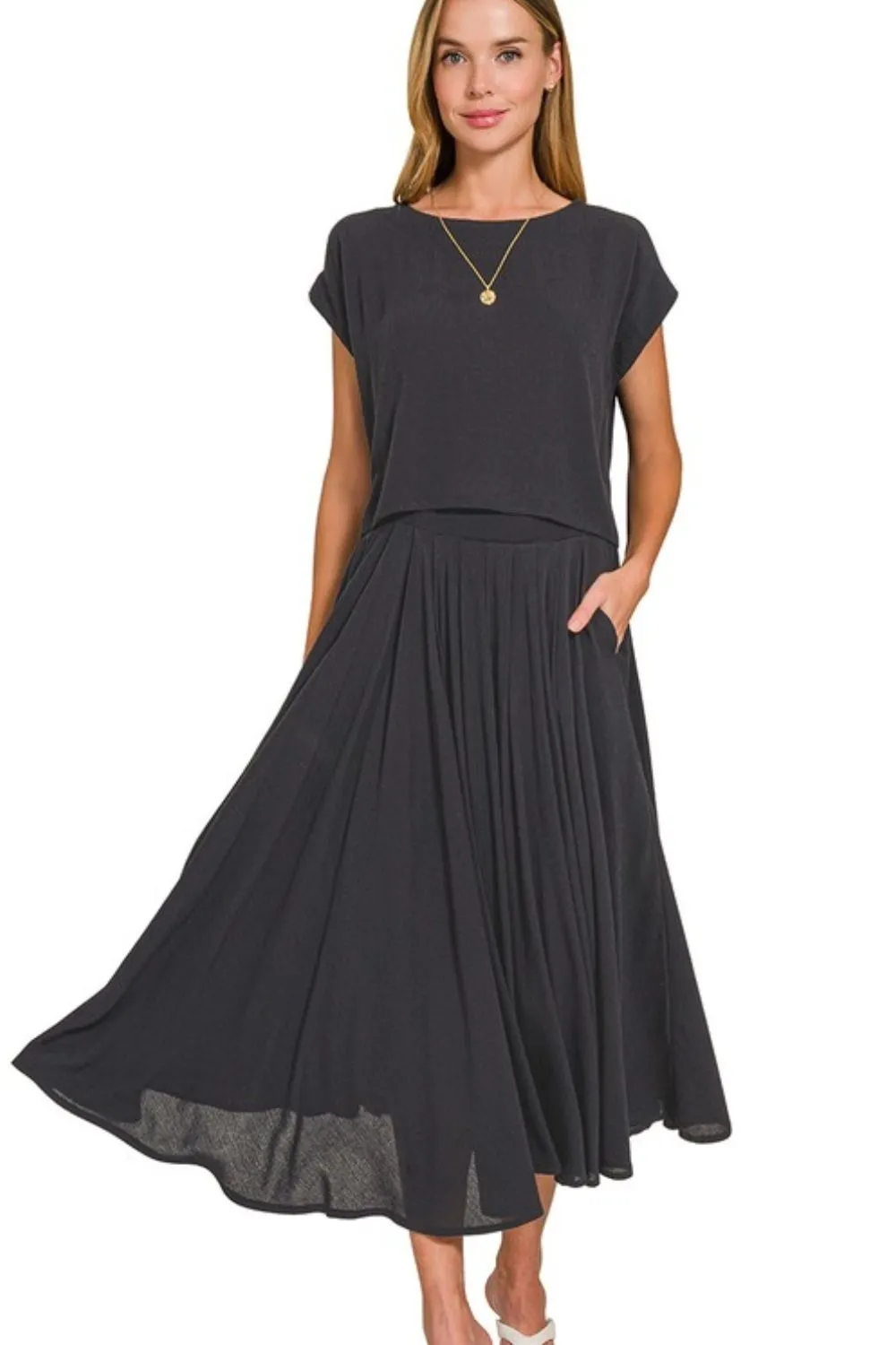 Zenana Woven Crinkle Gauze Crop Tee and Skirt Set - Image 2