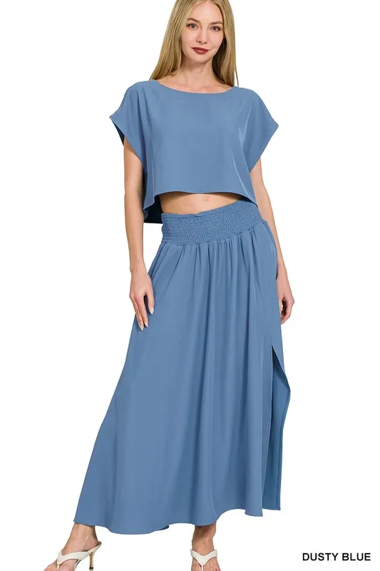 Zenana Woven Crinkle Gauze Crop Tee and Skirt Set - Image 3
