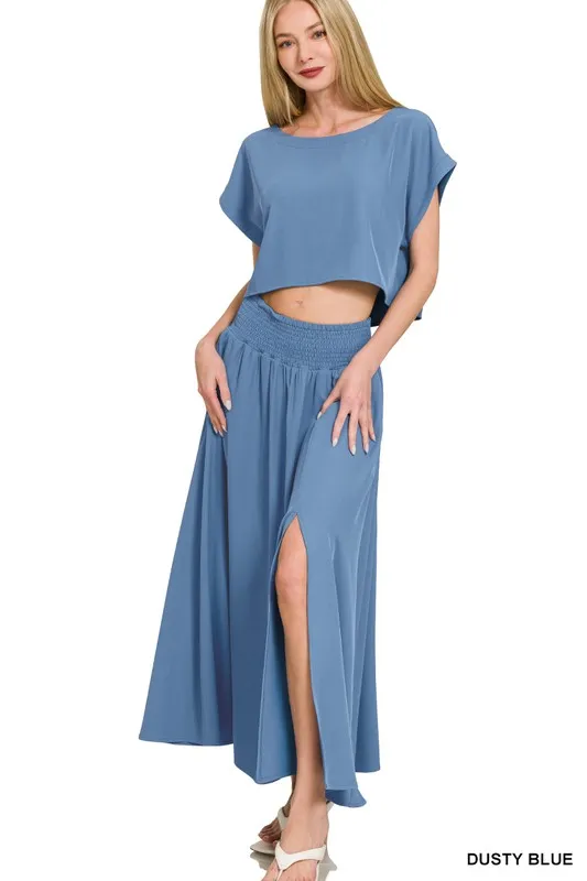 Zenana Woven Crinkle Gauze Crop Tee and Skirt Set - Image 4