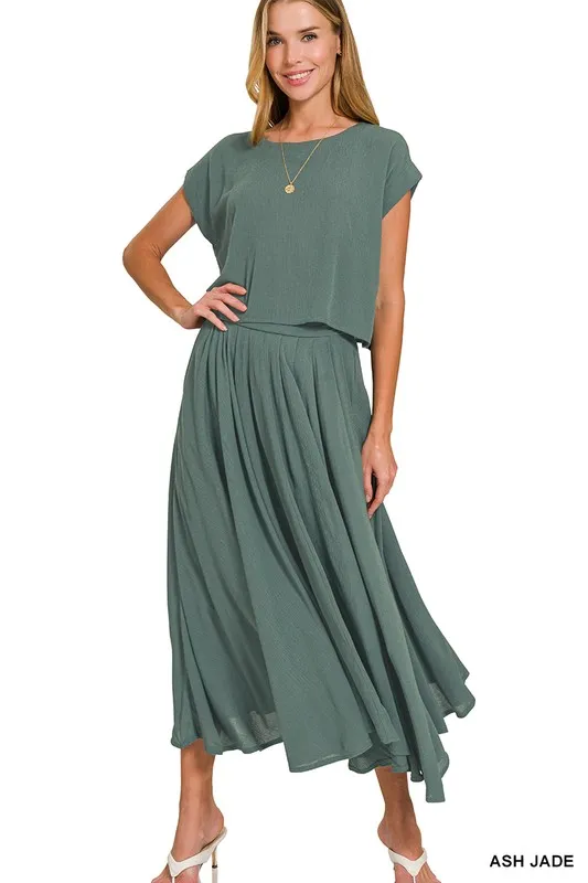 Zenana Woven Crinkle Gauze Crop Tee and Skirt Set - Image 2