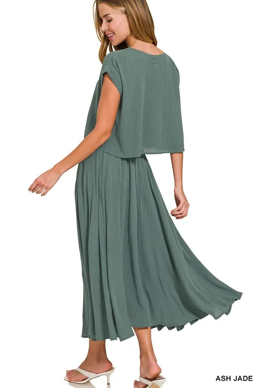 Zenana Woven Crinkle Gauze Crop Tee and Skirt Set - Image 3