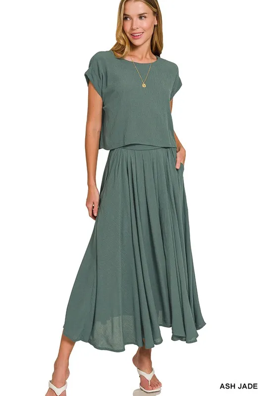 Zenana Woven Crinkle Gauze Crop Tee and Skirt Set - Image 4