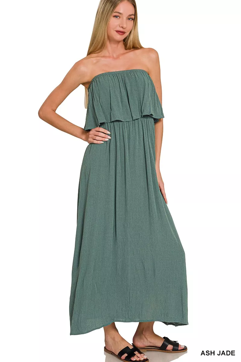 Zenana Woven Crinkle Strapless Maxi Dress - Image 2