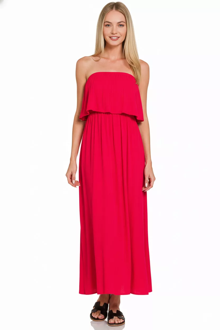 Zenana Woven Crinkle Strapless Maxi Dress - Image 3