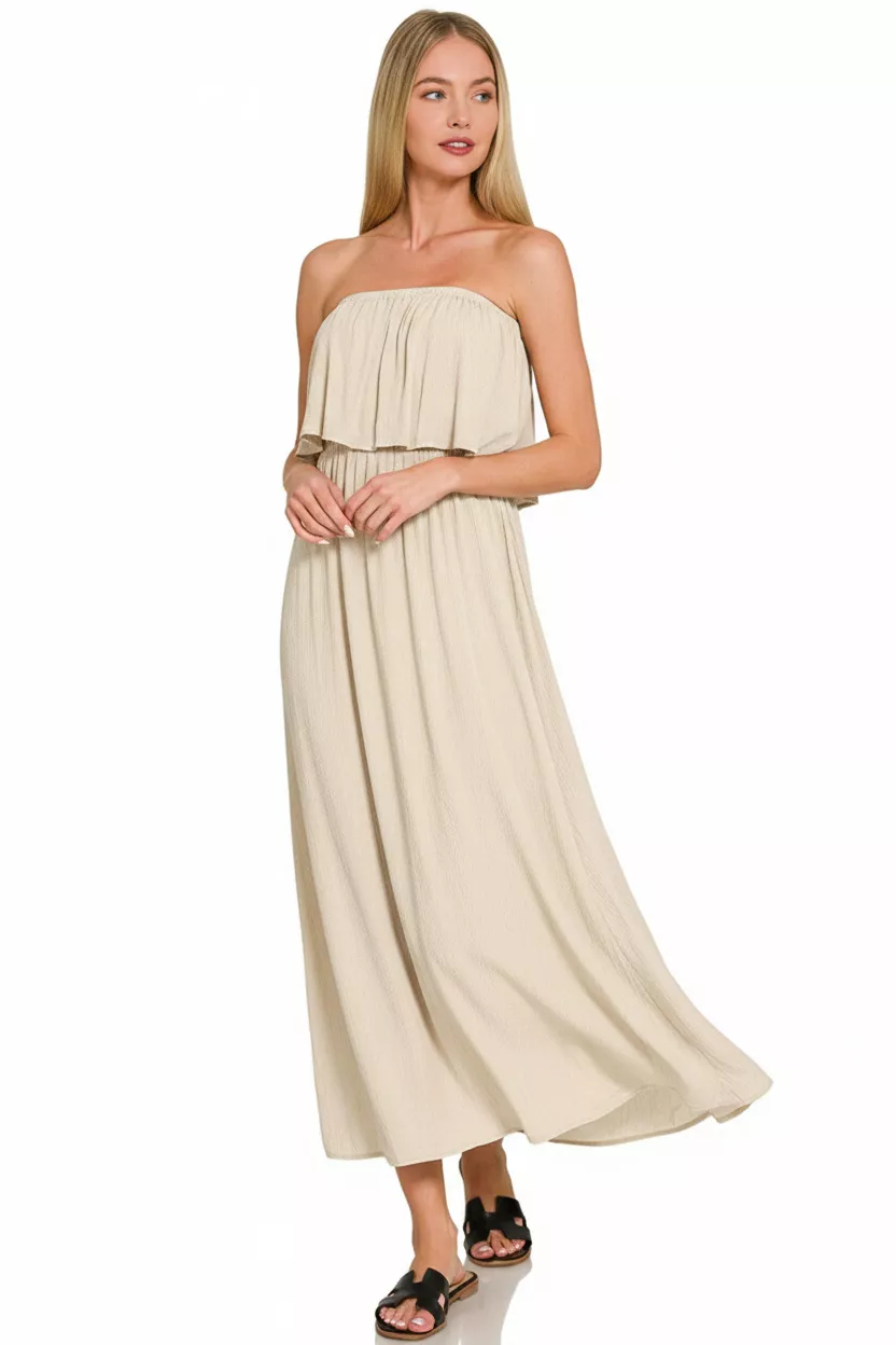 Zenana Woven Crinkle Strapless Maxi Dress - Image 3