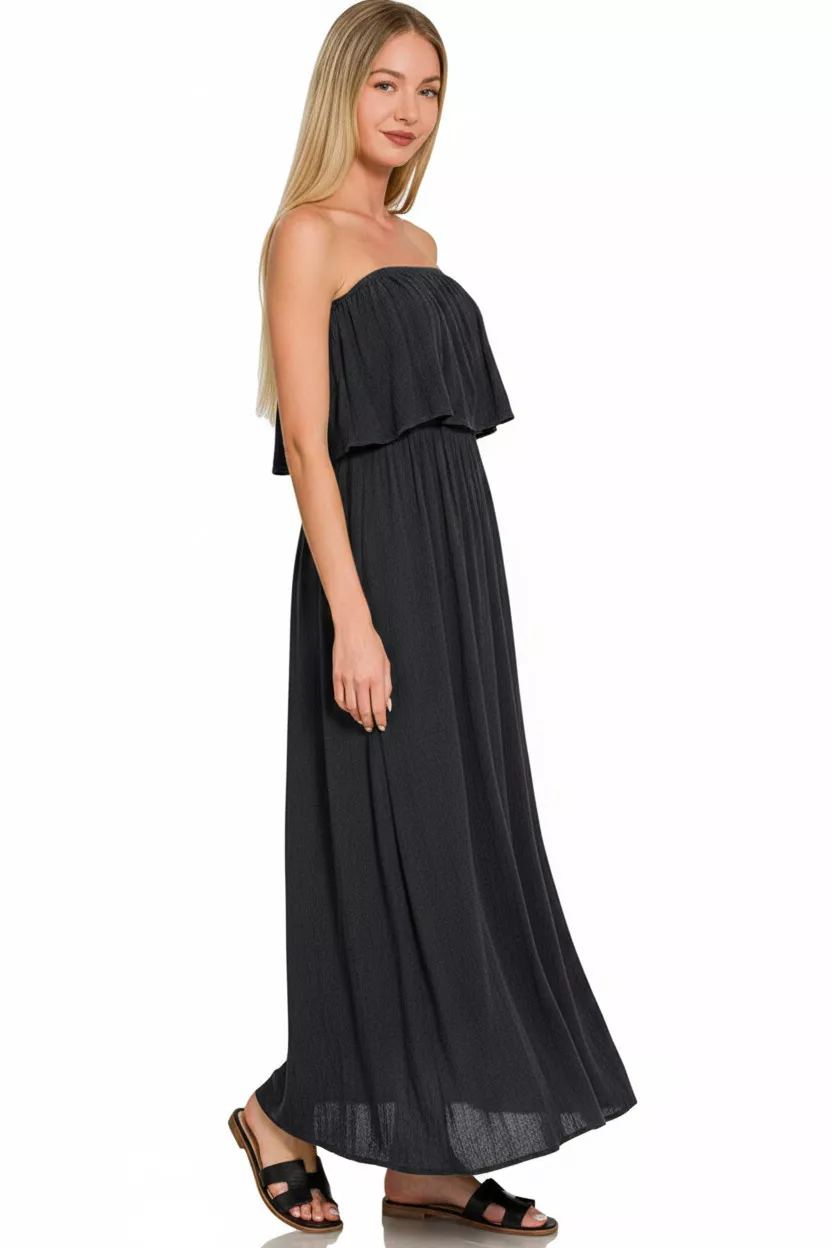 Zenana Woven Crinkle Strapless Maxi Dress - Image 2