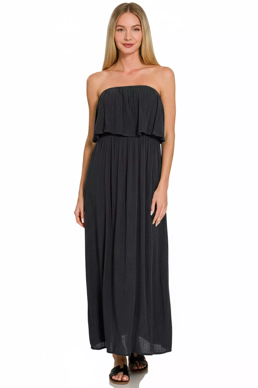 Zenana Woven Crinkle Strapless Maxi Dress - Image 3