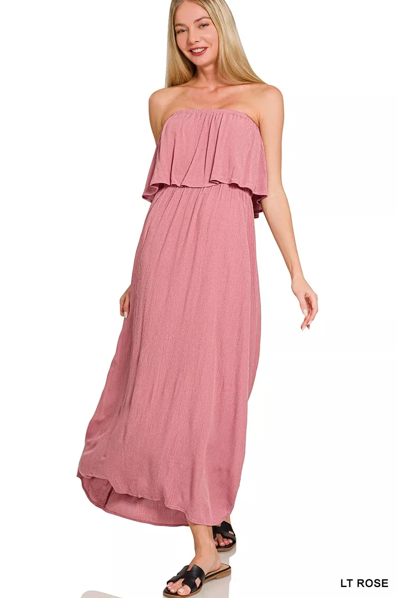 Zenana Woven Crinkle Strapless Maxi Dress - Image 2
