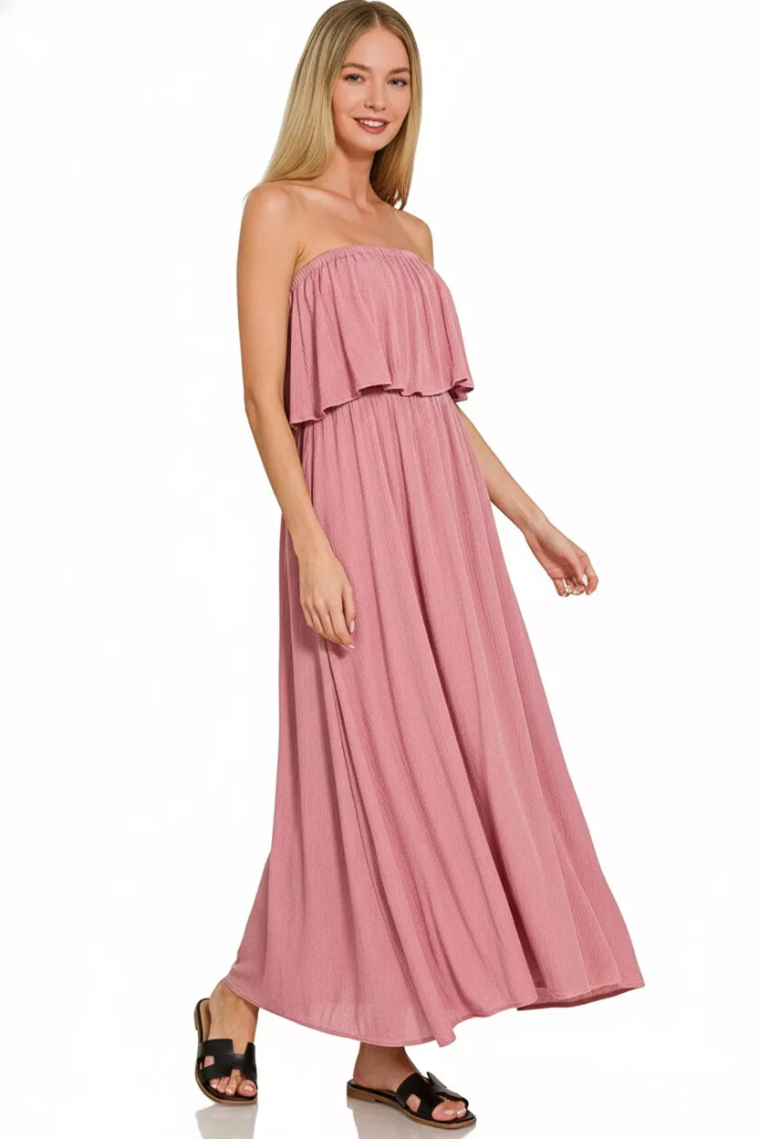 Zenana Woven Crinkle Strapless Maxi Dress - Image 3