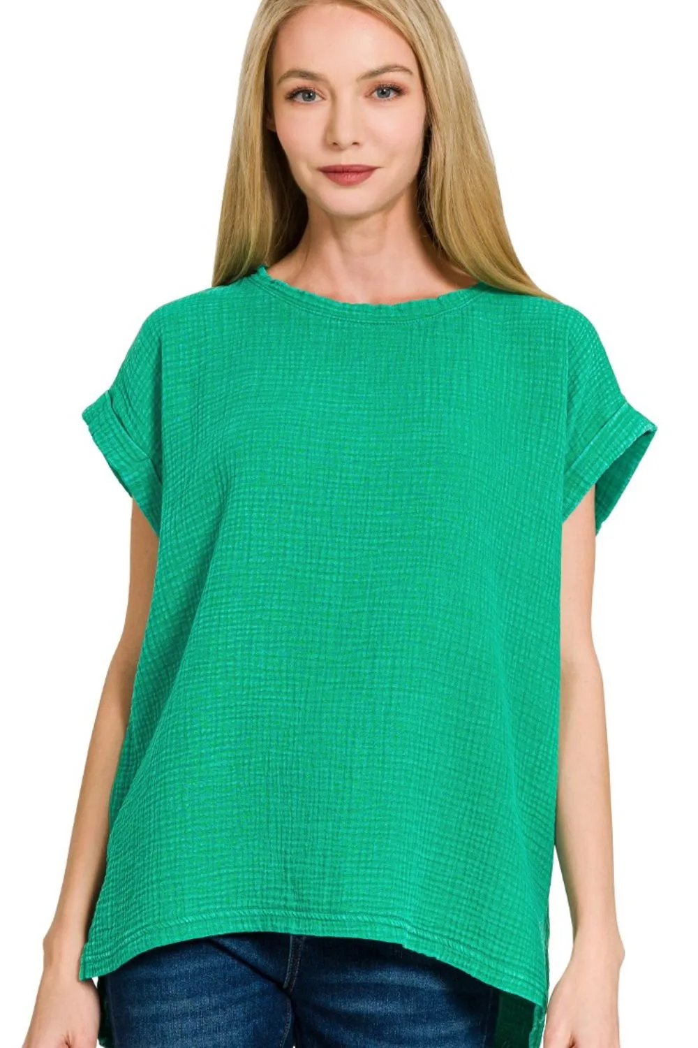 Zenana Woven Double Gauze Acid Washed Short Sleeve Top - Image 2