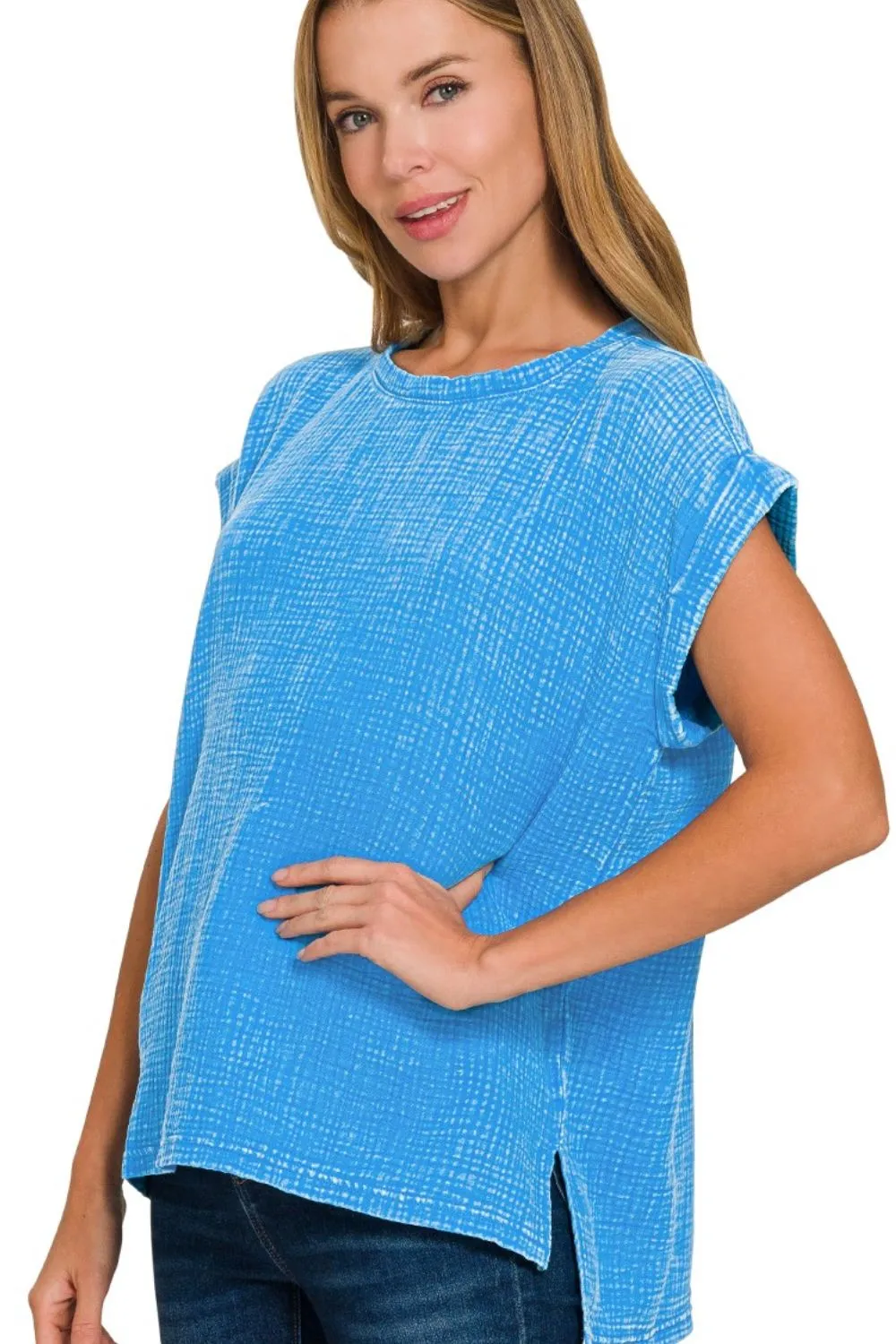 Zenana Woven Double Gauze Acid Washed Short Sleeve Top