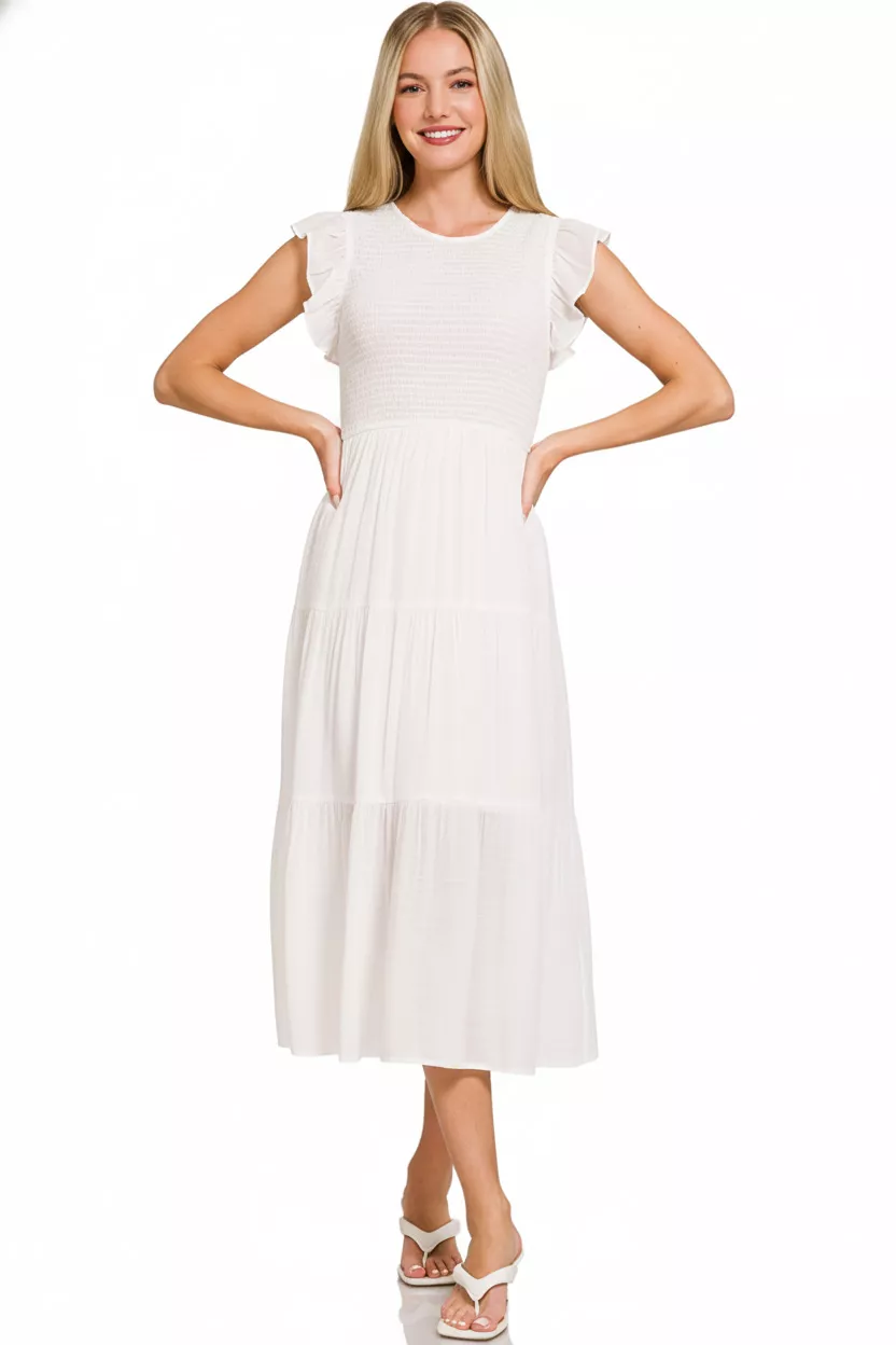 Zenana Woven Smocked Ruffle Sleeve Midi Dress - Image 3