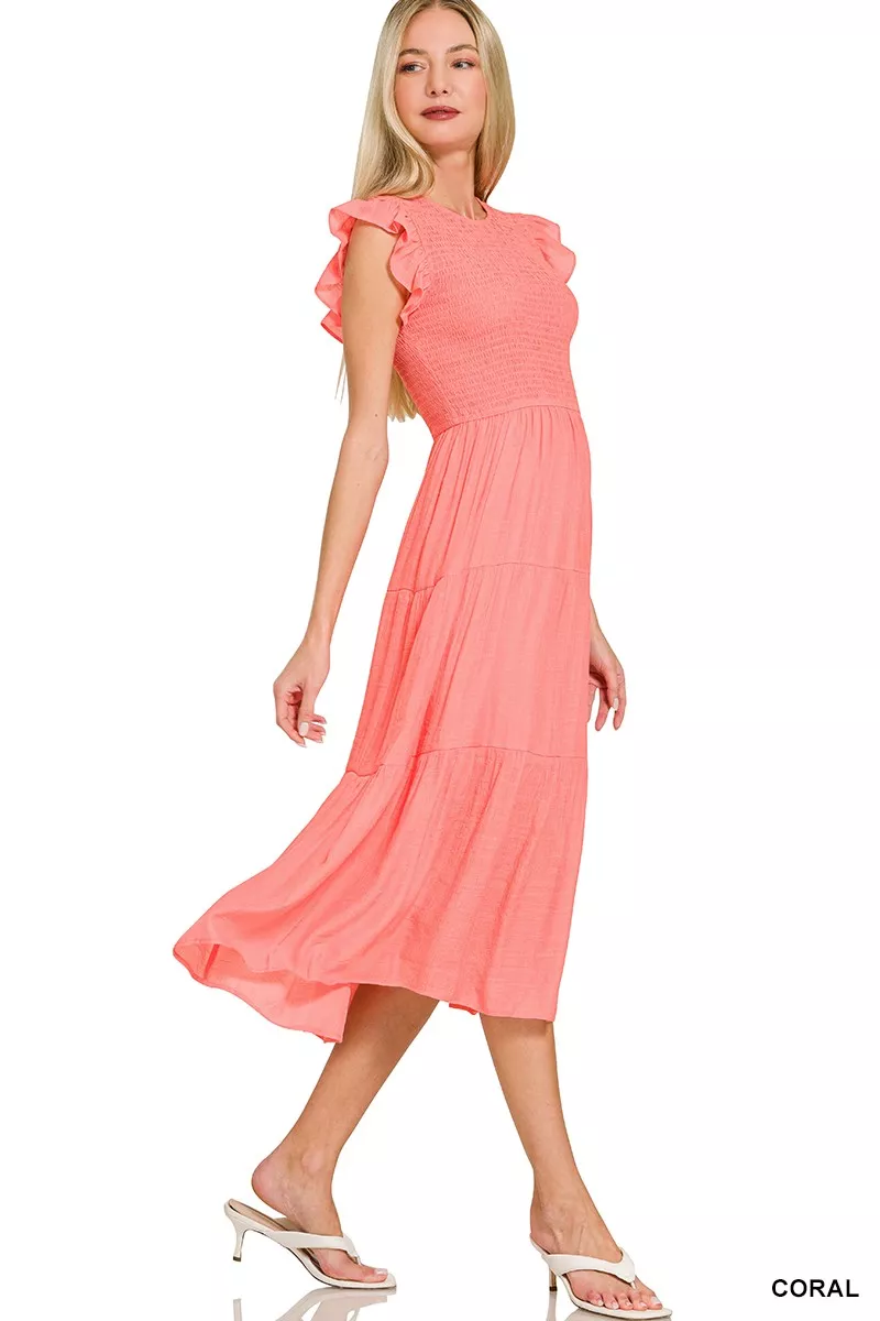 Zenana Woven Smocked Ruffle Sleeve Midi Dress - Image 2