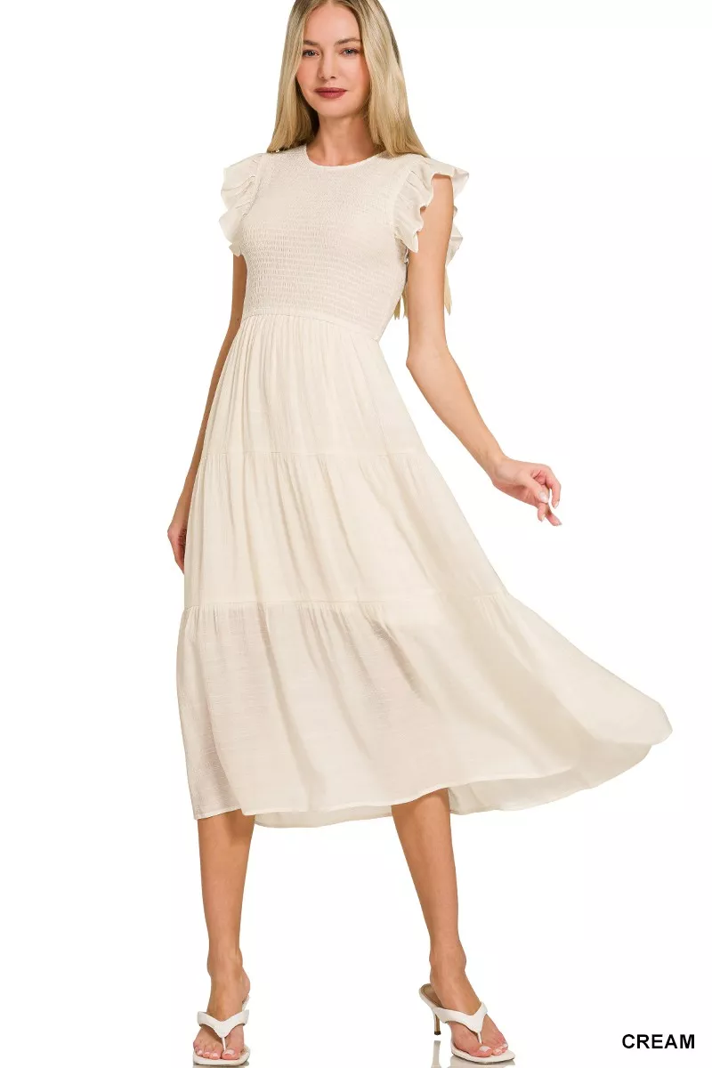 Zenana Woven Smocked Ruffle Sleeve Midi Dress
