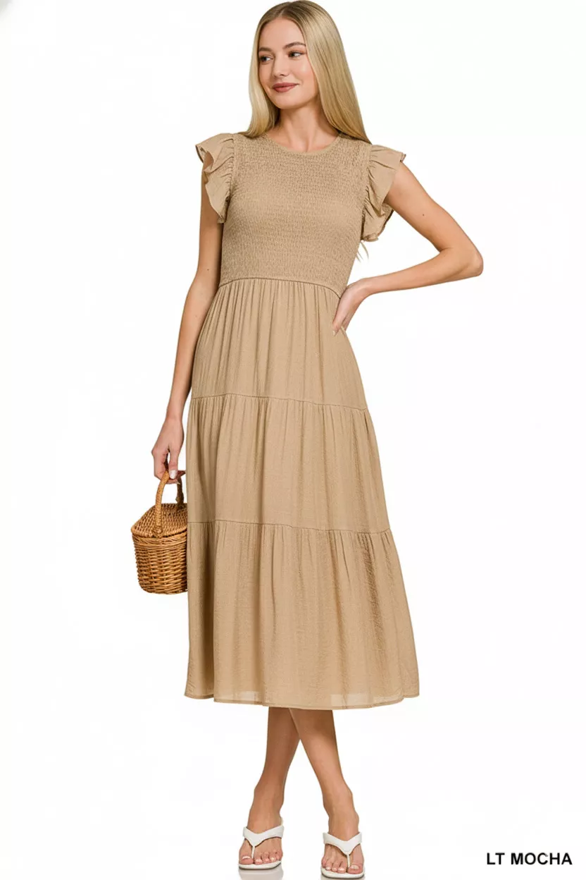 Zenana Woven Smocked Ruffle Sleeve Midi Dress - Image 2