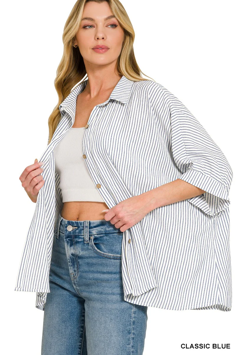 Zenana Woven Stripe Button Down Boxy Shirt - Image 3