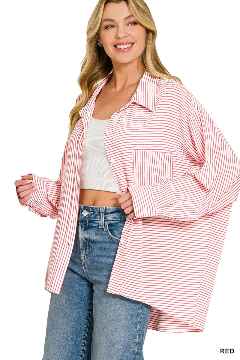 Zenana Woven Stripe Button Down Shirt - Image 4